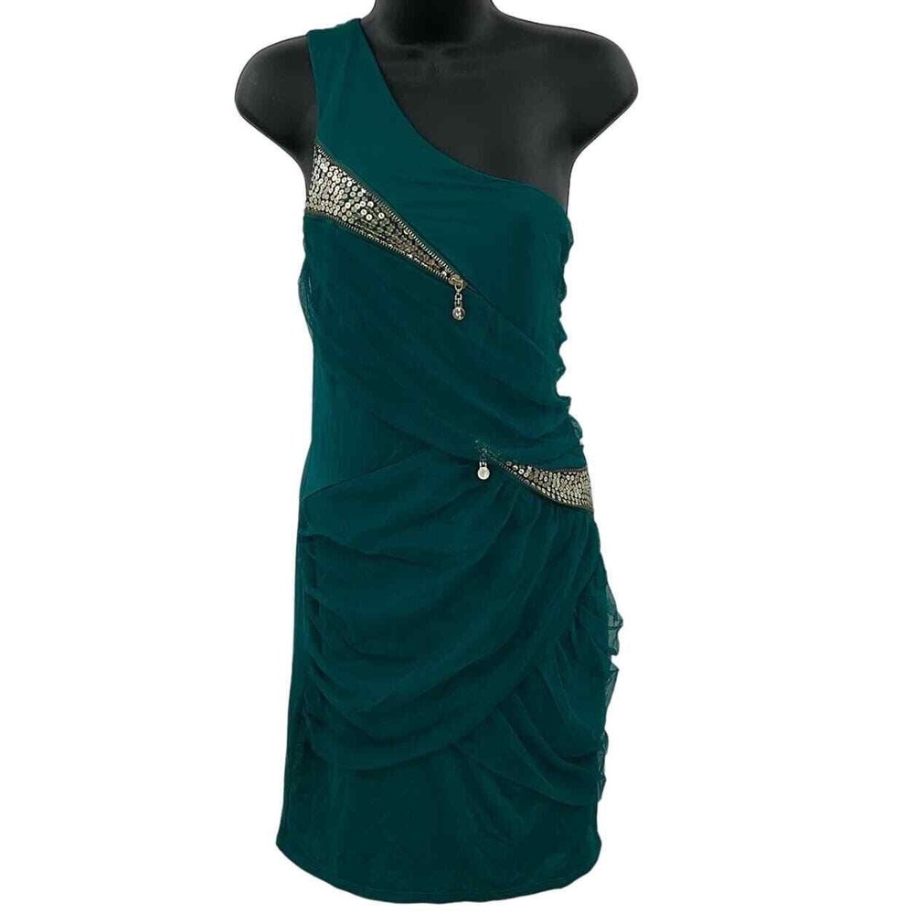 Amp Womens One Shoulder Sequin Zipper Mesh Ruched Teal Green Cocktail Dress L
